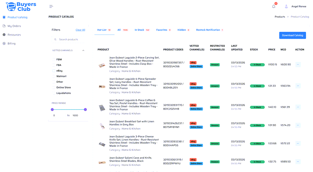Buyers Club product catalog showing curated Home and Kitchen products with pricing, stock levels, and profit data