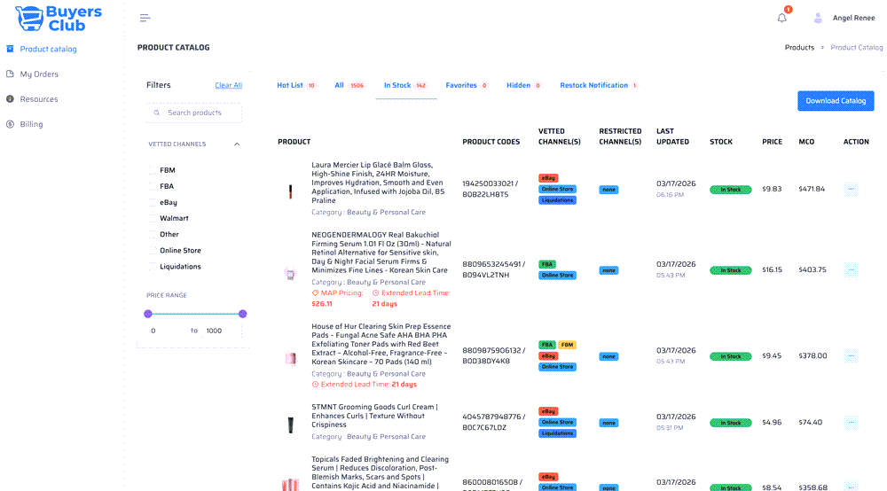 Buyers Club catalog showing Beauty and Personal Care products with MAP pricing and lead time details