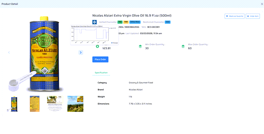 Buyers Club product detail page showing Nicolas Alziari Olive Oil with sales chart, pricing, and Place Order button