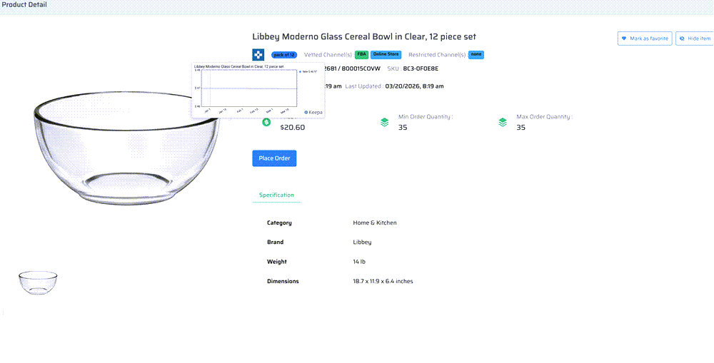 Buyers Club product detail page showing Libbey Glass Cereal Bowl set with specs and Place Order button