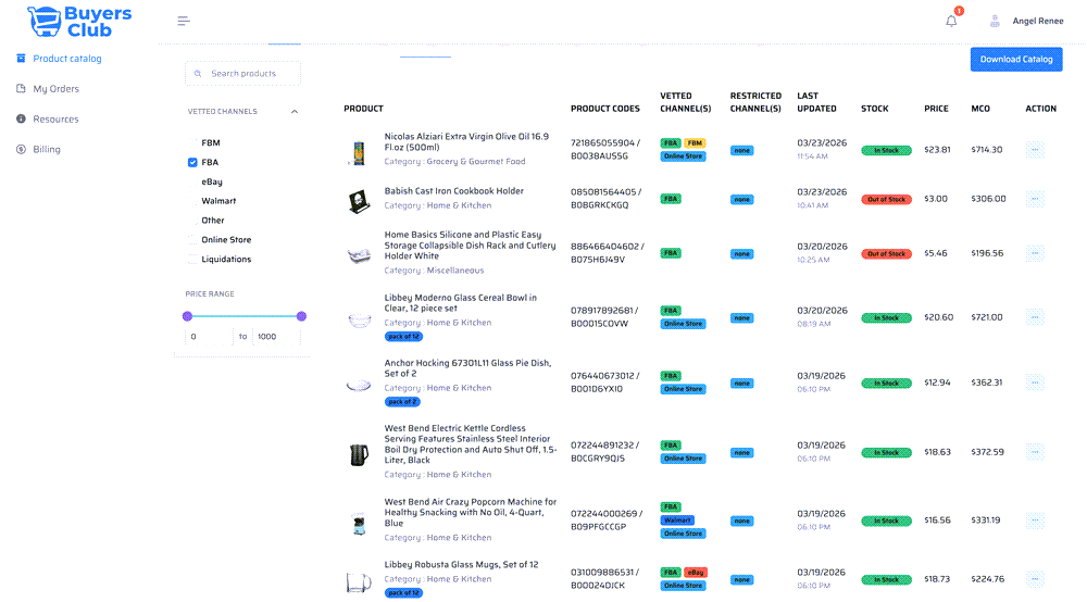 Buyers Club catalog filtered to FBA channel showing Home and Kitchen products with pricing