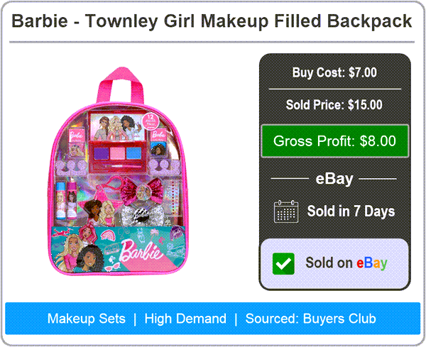 Barbie Townley Girl Makeup Filled Backpack: Buy $7, Sold $15, Gross Profit $8, Sold in 7 Days on eBay