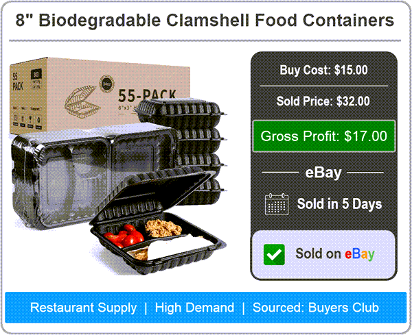 8 inch Biodegradable Clamshell Food Containers: Buy $15, Sold $32, Gross Profit $17, Sold in 5 Days on eBay
